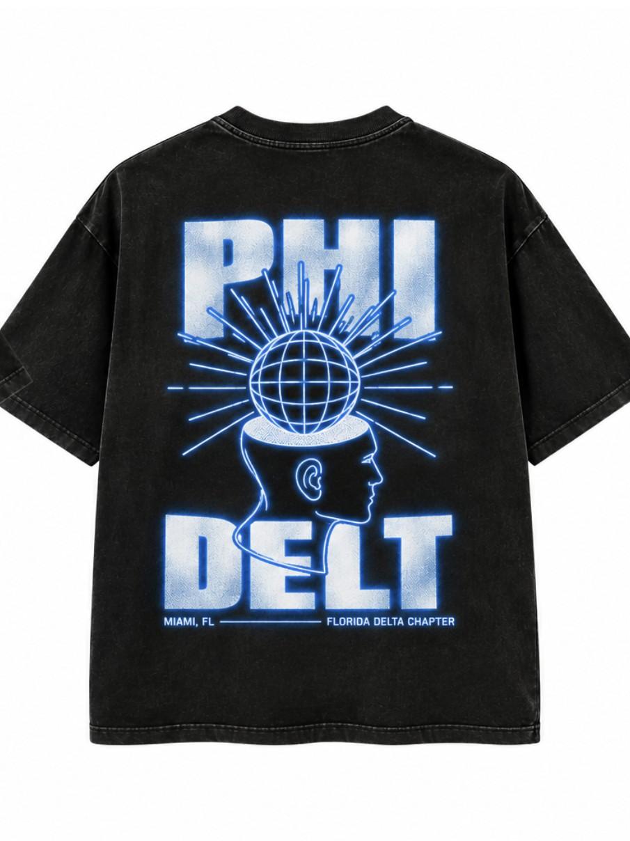 Back of the Miracle Maker tee with a glowing azure Phi Delt print
